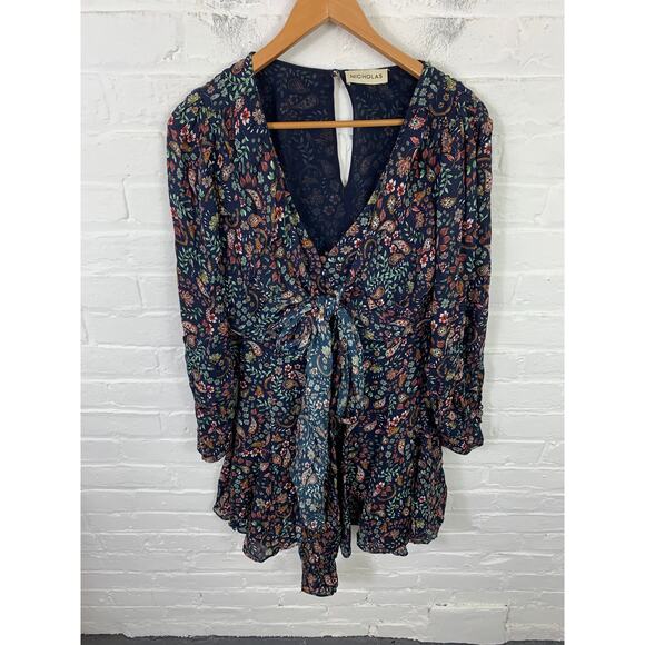 Nicholas Women's Floral  A-line Tiered Mini Dress Silk Long Sleeve Navy Size S - Picture 1 of 4